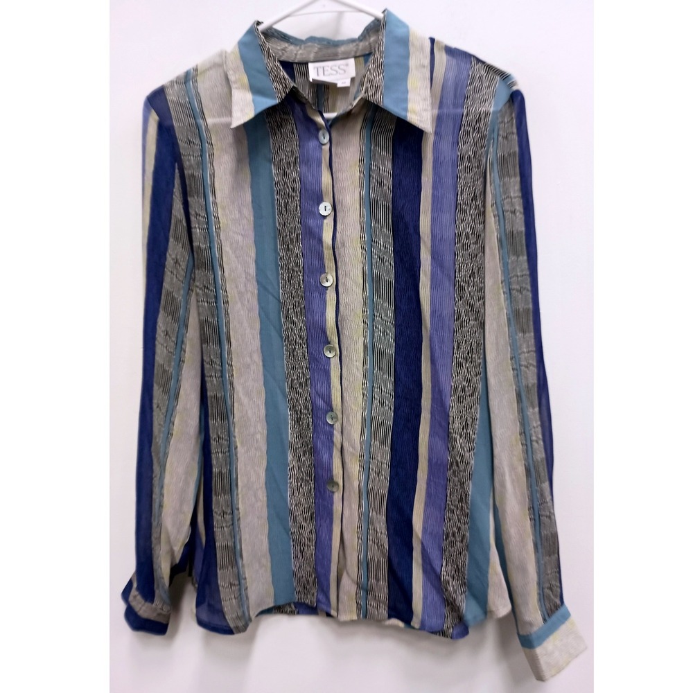 VTG 90s TESS Silk Striped Blouse Top Womens Medium Blue Sheer Long Sleeve